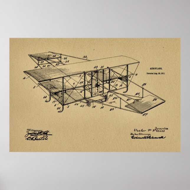 1911 Aeroplane Aeroplane Patent Art Drawing Print (Front)