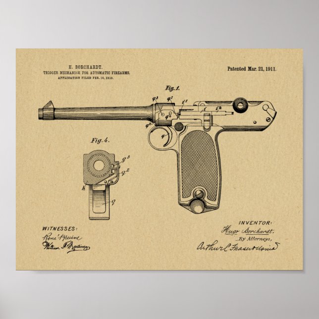 1911 Automatic Gun Patent Art Drawing Print (Front)