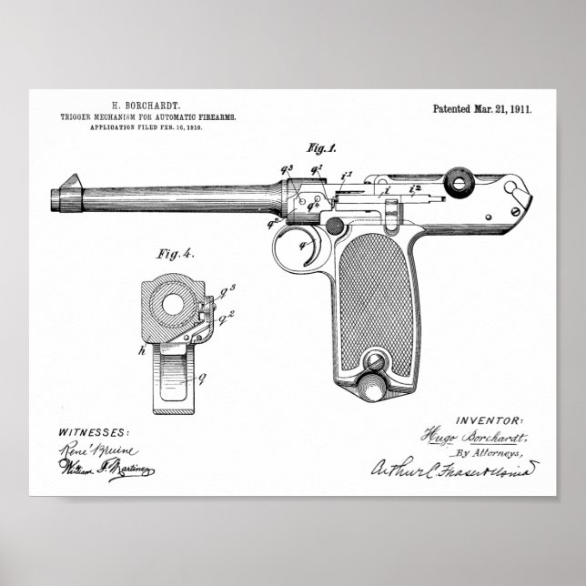 1911 Automatic Gun Patent Art Drawing Print (Front)
