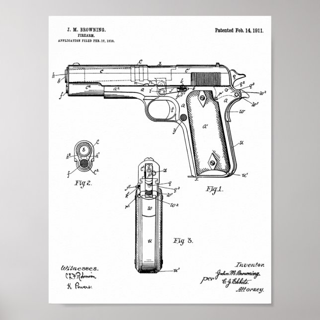 1911 Colt Browning Gun Patent Art Drawing Print (Front)