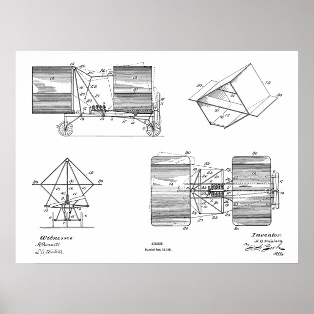 1911 Flying Machine Aeroplane Patent Drawing Print (Front)