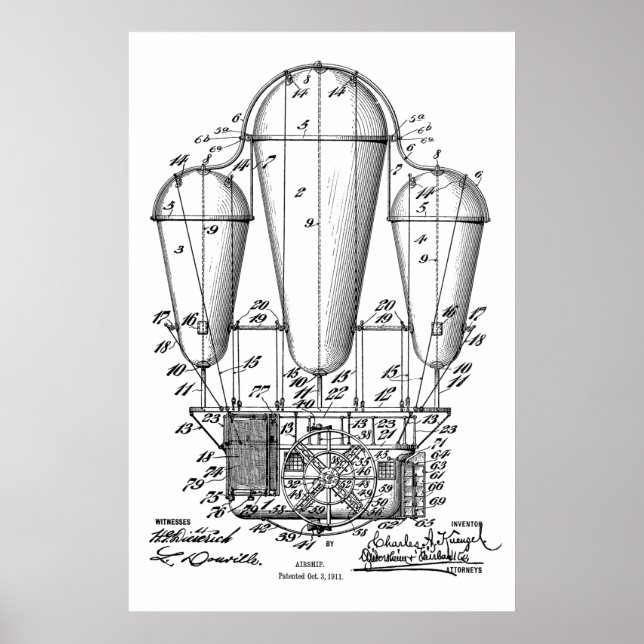 1911 Old Airship Balloon Patent Art Drawing Print (Front)