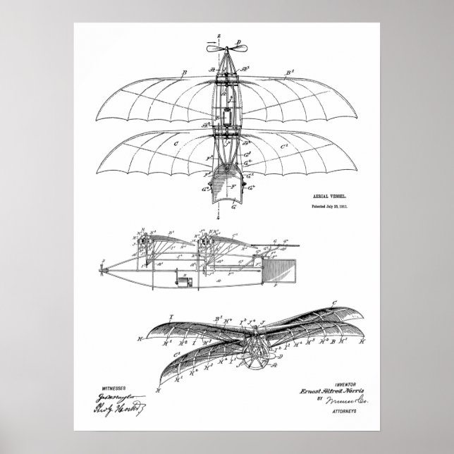 1911 Vintage Aeroplane Patent Art Drawing Print (Front)