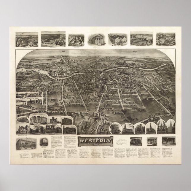 1911 Westerly, RI Birds Eye View Panoramic Map Poster (Front)