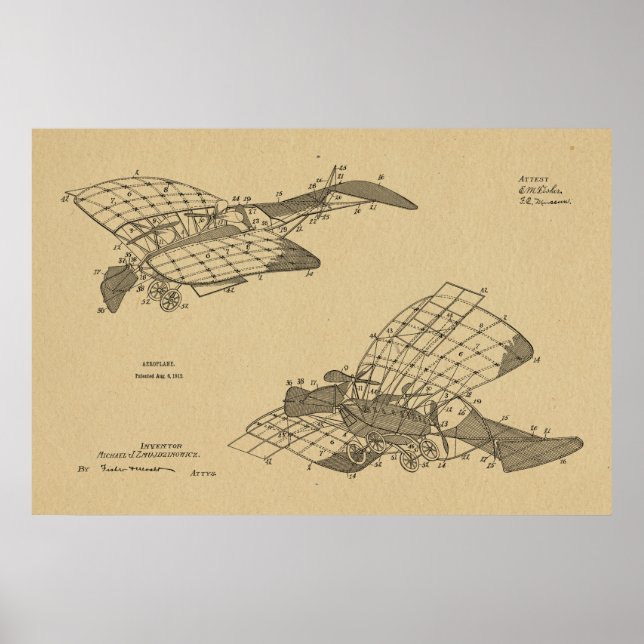 1912 Aeroplane Aeroplane Patent Art Drawing Print (Front)
