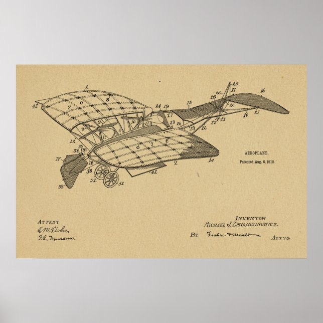 1912 Aeroplane Aeroplane Patent Art Drawing Print (Front)