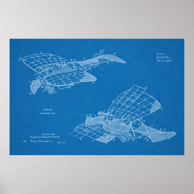 1912 Aeroplane Aeroplane Patent Art Drawing Print (Front)
