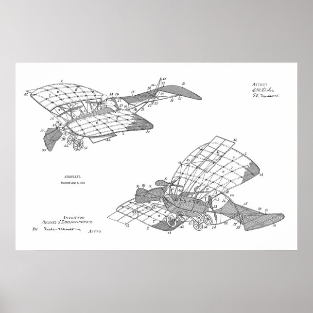 1912 Aeroplane Aeroplane Patent Art Drawing Print (Front)