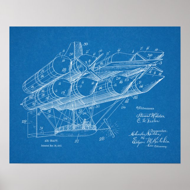 1912 Airship Aeroplane Patent Art Drawing Print (Front)