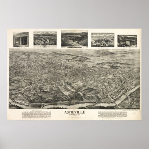 1912 Asheville, NC Birds Eye View Panoramic Map Poster