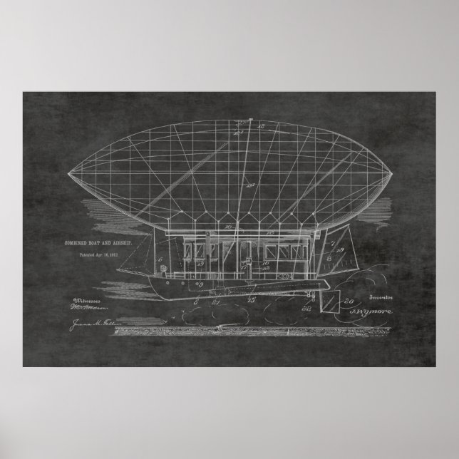 1912 Boat Airship Balloon Patent Art Drawing Print (Front)