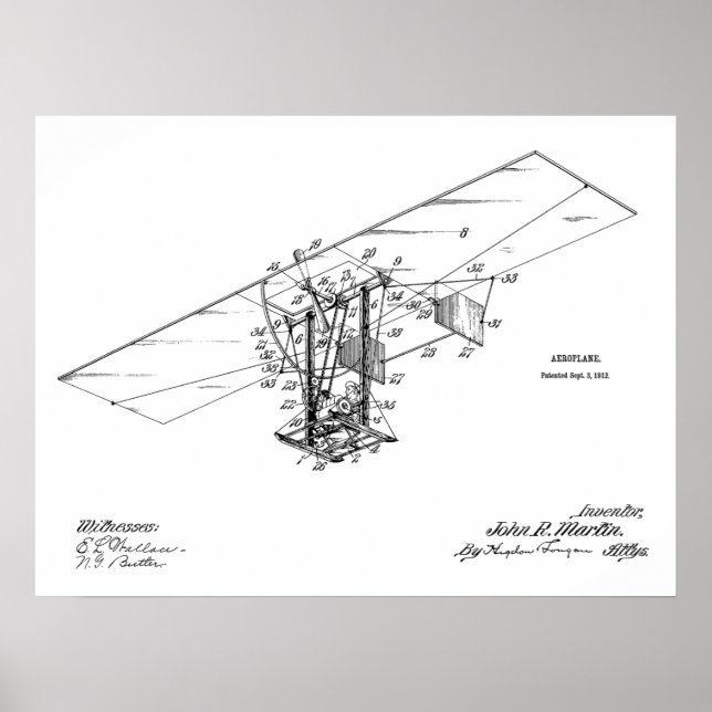 1912 Flying Machine Aeroplane Patent Art Drawing Poster (Front)