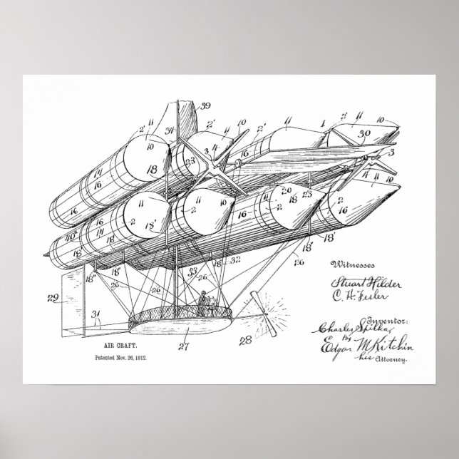 1912 Old Airship Plane Patent Art Drawing Print (Front)
