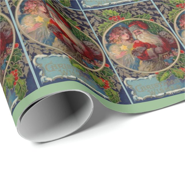 1912 Santa Claus and star angel Christmas  Wrapping Paper (Roll Corner)