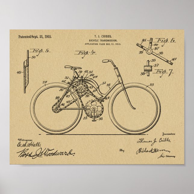 1913 Bicycle Transmission Design Patent Art Print (Front)
