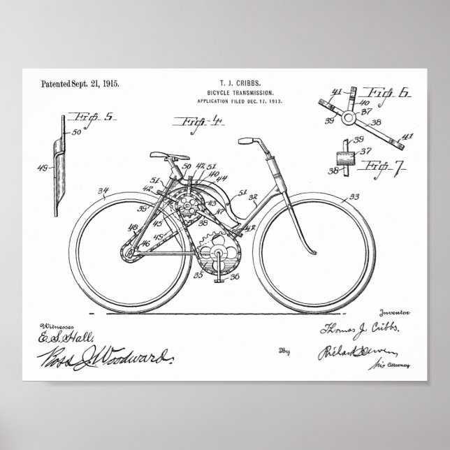 1913 Bicycle Transmission Design Patent Art Print (Front)