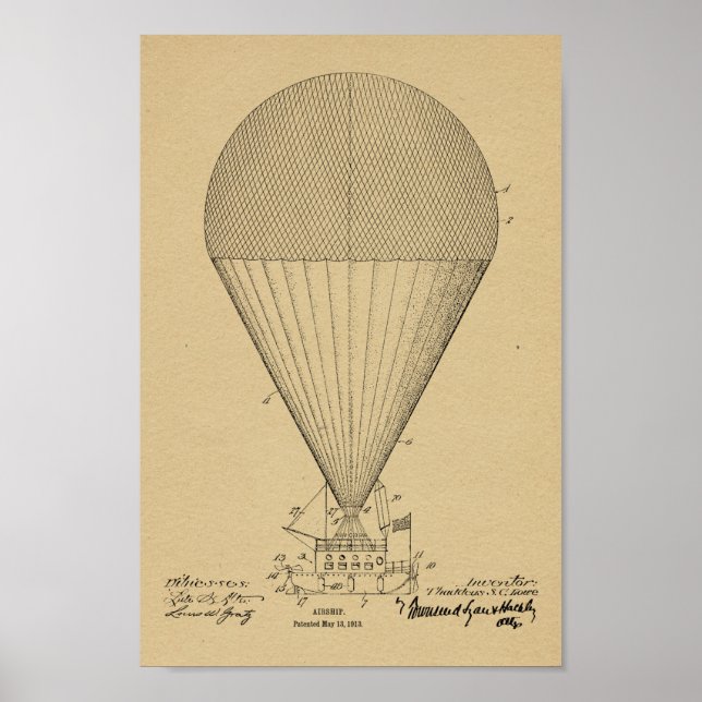 1913 Boat Airship Balloon Patent Art Drawing Print (Front)