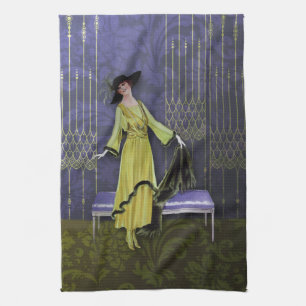 1913 LUXE: VINTAGE FASHION, Chartreuse, Periwinkle Tea Towel