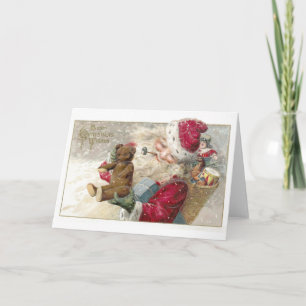 1913 Santa with Teddy Bear and Pipe Holiday Card