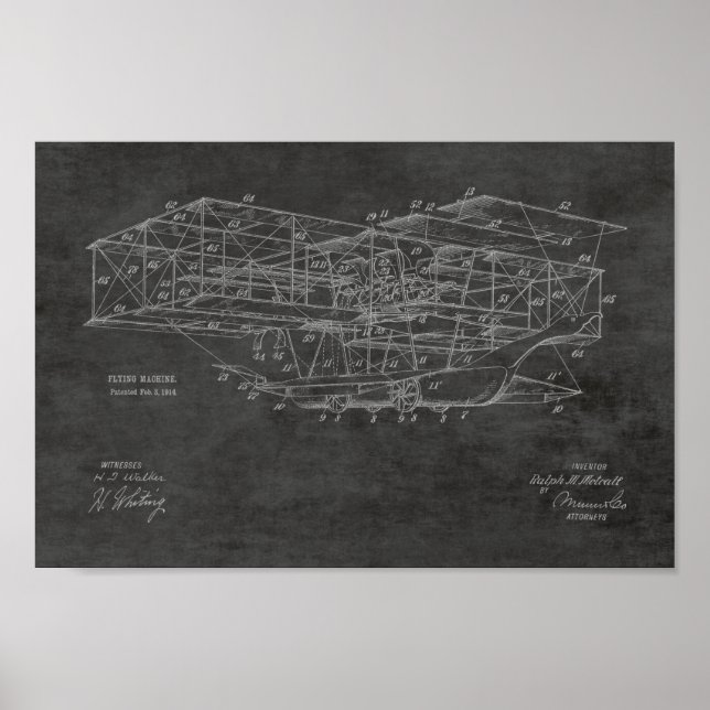1914 Flying Machine Aeroplane Patent Art Drawing Poster (Front)