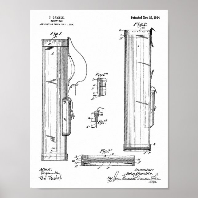 1914 Golf Caddy Club Bag Design Patent Art Print (Front)