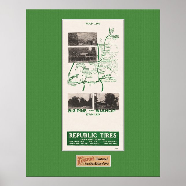 1914 Map, Gilbert’s Ranch to Bishop, Big Pine Cal Poster (Front)