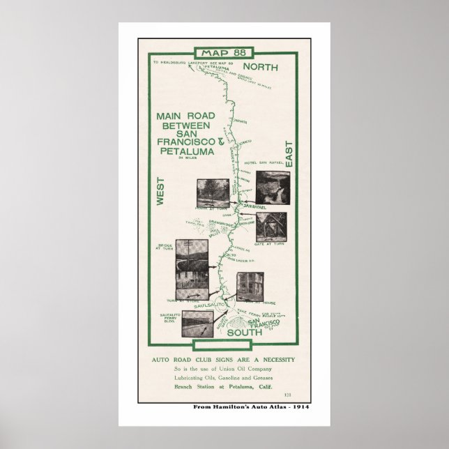 1914 Map, SF to Petaluma Poster (Front)