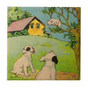 1914 two dogs and a little white cat tile