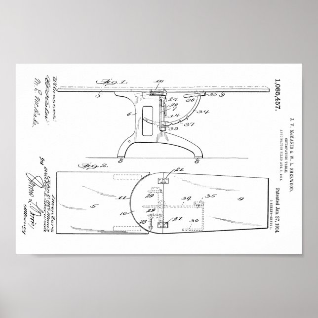 1914 Vintage Osteopathic Table Patent Art Print (Front)