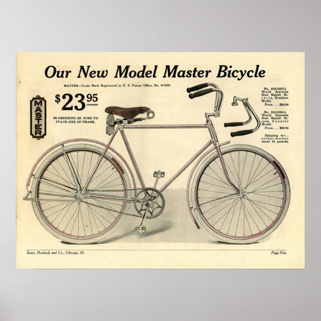 1914 Vintage Sears Master Bicycle Ad Art Poster (Front)