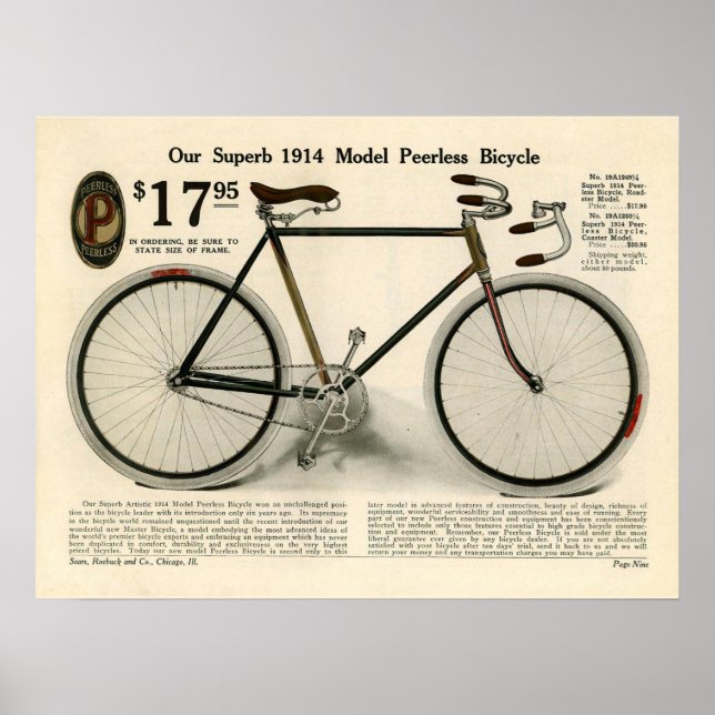 1914 Vintage Sears Peerless Bicycle Ad Art Poster (Front)