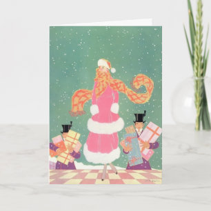 1914 Woman in Pink with Men Carrying Presents Holiday Card