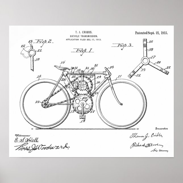 1915 Bicycle Transmission Design Patent Art Print (Front)