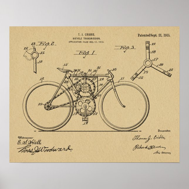 1915 Bicycle Transmission Design Patent Art Print (Front)