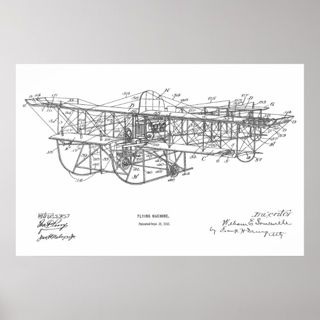 1915 Flying Machine Aeroplane Patent Drawing Print (Front)