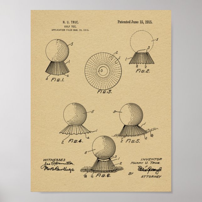 1915 Golf Ball Tee Design Patent Art Print (Front)