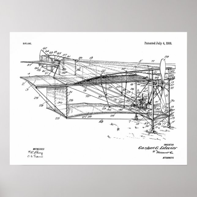 1916 Aeroplane Biplane Patent Drawing Art Print (Front)