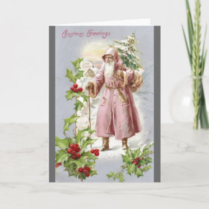 1916 Santa in Pink Coat with Tree Holiday Card
