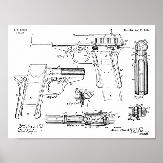 1916 Smith Gun Patent Art Drawing Print (Front)