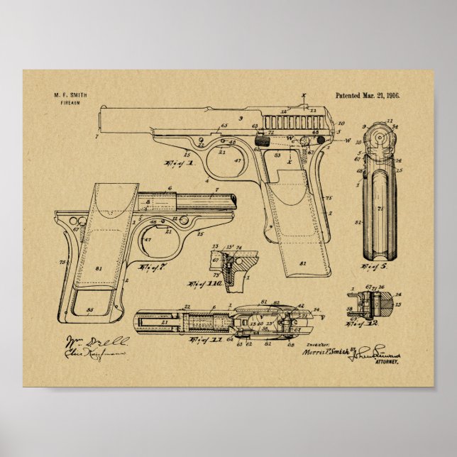 1916 Smith Gun Patent Art Drawing Print (Front)