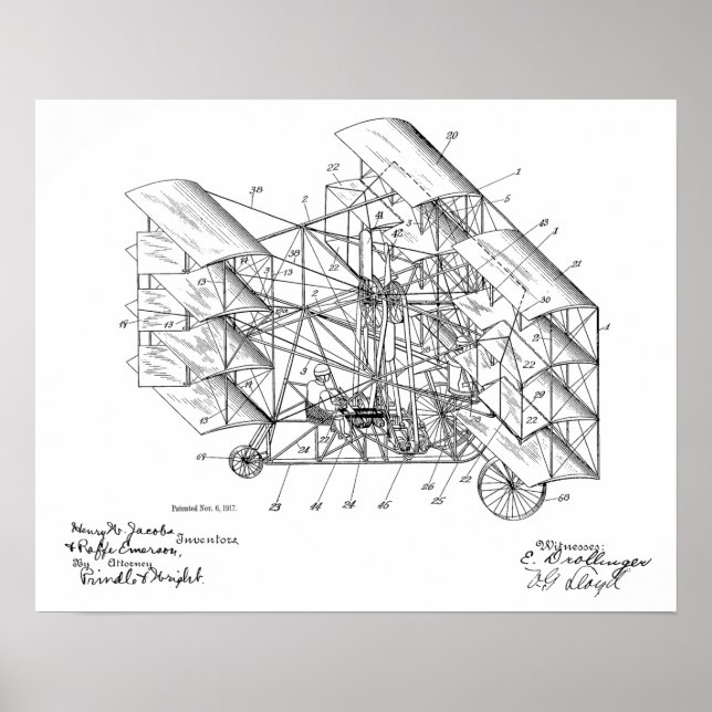 1917 Flying Machine Airplane Patent Art Drawing Poster (Front)