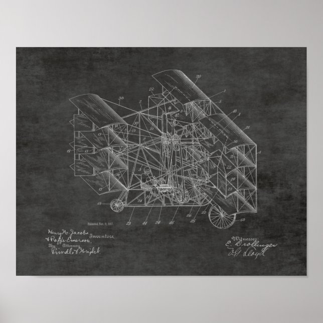 1917 Flying Machine Airplane Patent Art Drawing Poster (Front)