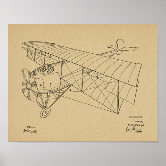 1918 Biplane Airplane Patent Art Drawing Print (Front)