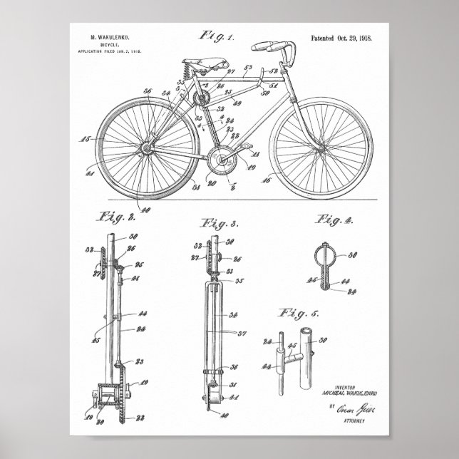 1918 Chainless Bicycle Design Patent Art Print (Front)
