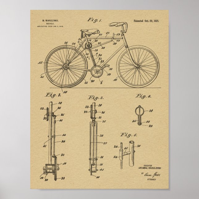1918 Chainless Bicycle Design Patent Art Print (Front)