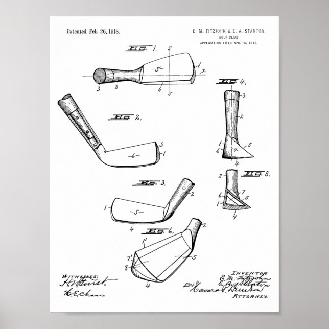 1918 Golf Club Head Patent Art Drawing Print (Front)