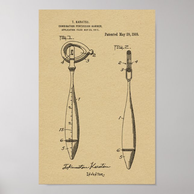 1918 Medical Reflex Hammer Patent Art Print (Front)
