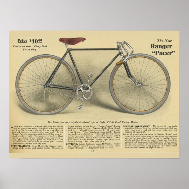 1918 Vintage Ranger Bicycle Pacer Ad Art Poster (Front)