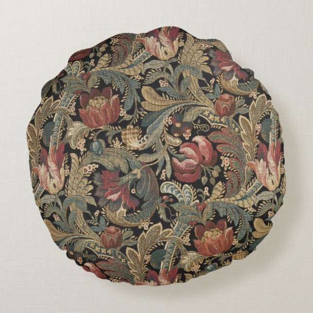 1918 Vintage Rich Floral Tapestry Brocade Damask Round Cushion (Back)