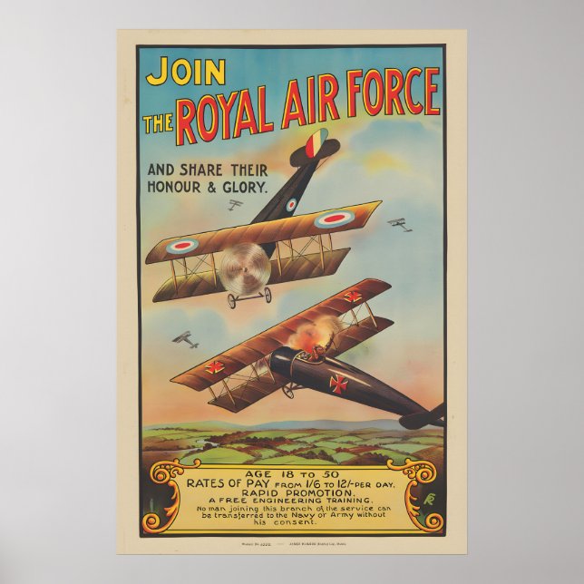 1918 World War I - Join the Royal Air Force Poster (Front)